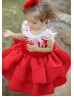Red Fluffy Beaded V Back Flower Girl Dress